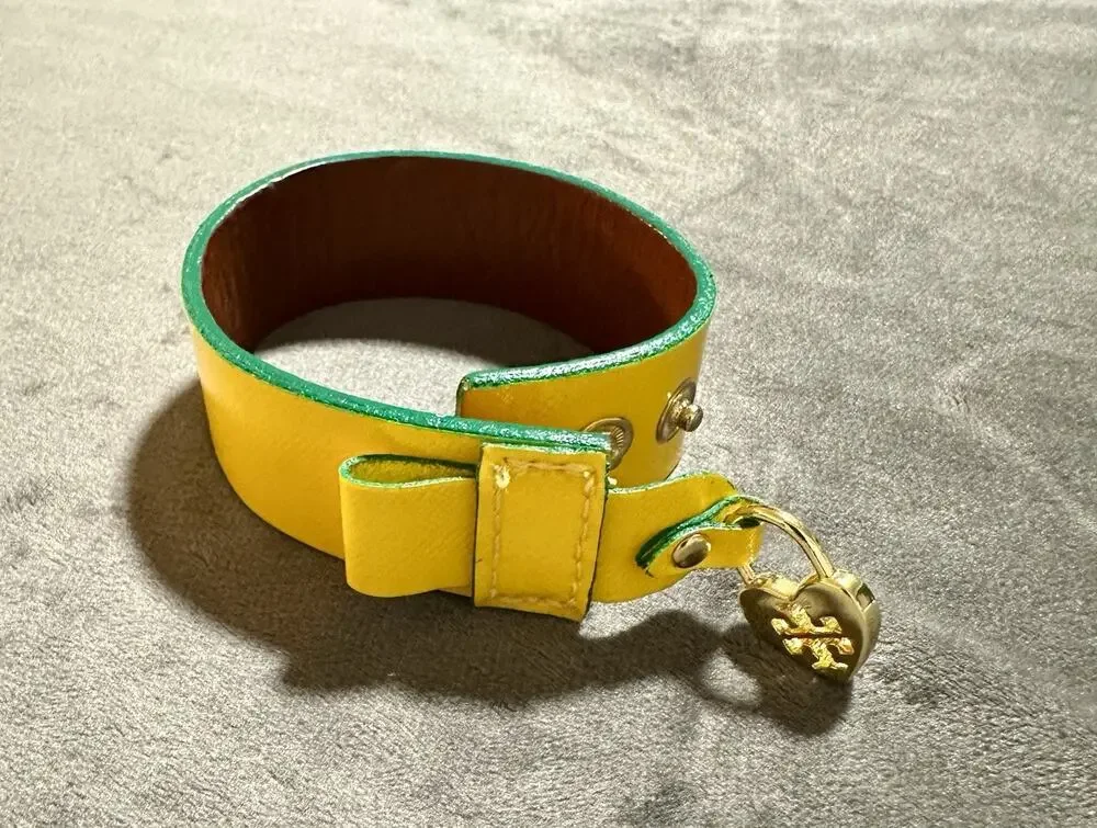 Tory Burch Yellow Leather Cuff Bracelet Heart Logo Charm Made in USA Adjustable